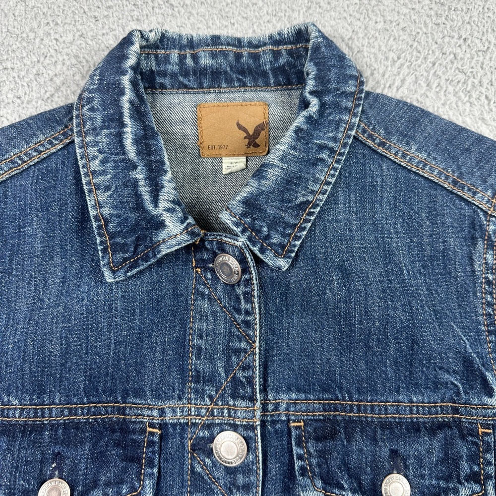 American Eagle Denim Trucker Jacket Womens Small Blue Cotton Dark Wash Classic - Picture 4 of 11